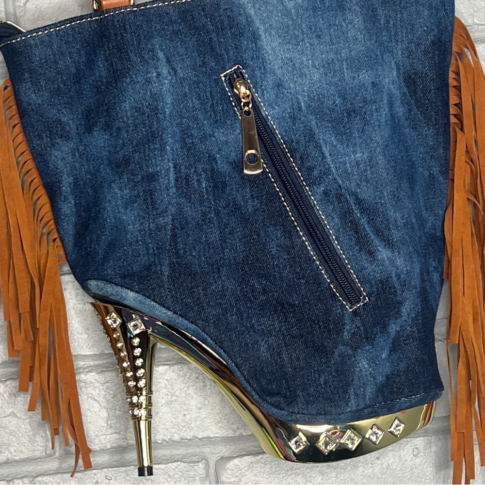 Denim & Fringe Stiletto Heel with Rhinestones Women's Handbag - Picture 9 of 16